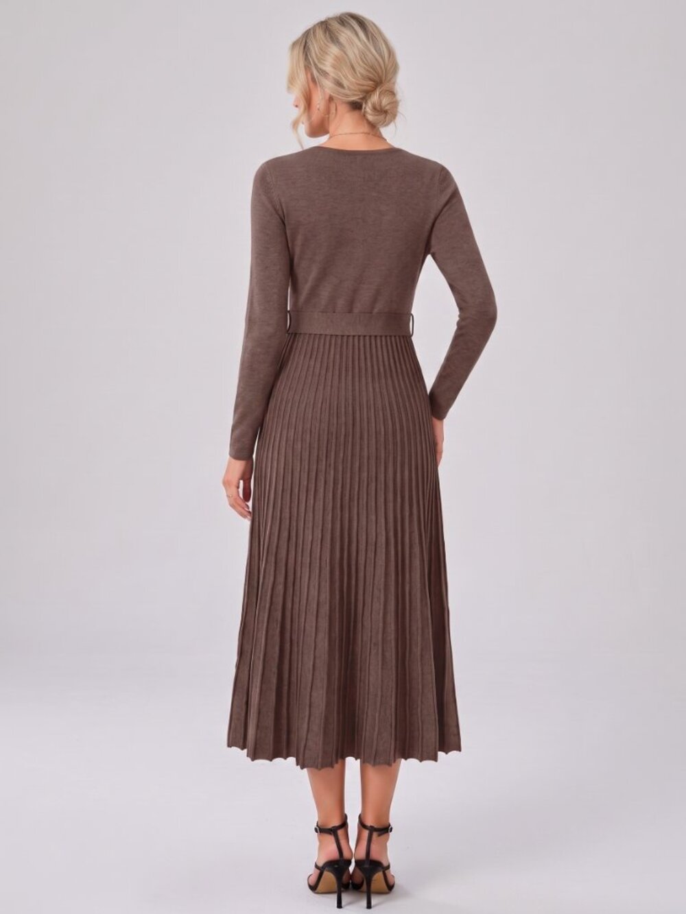 Women's Brown Wool Blend Sweater Dress Tie Waist Pleated Midi Fall Dress - Picture 2 of 2